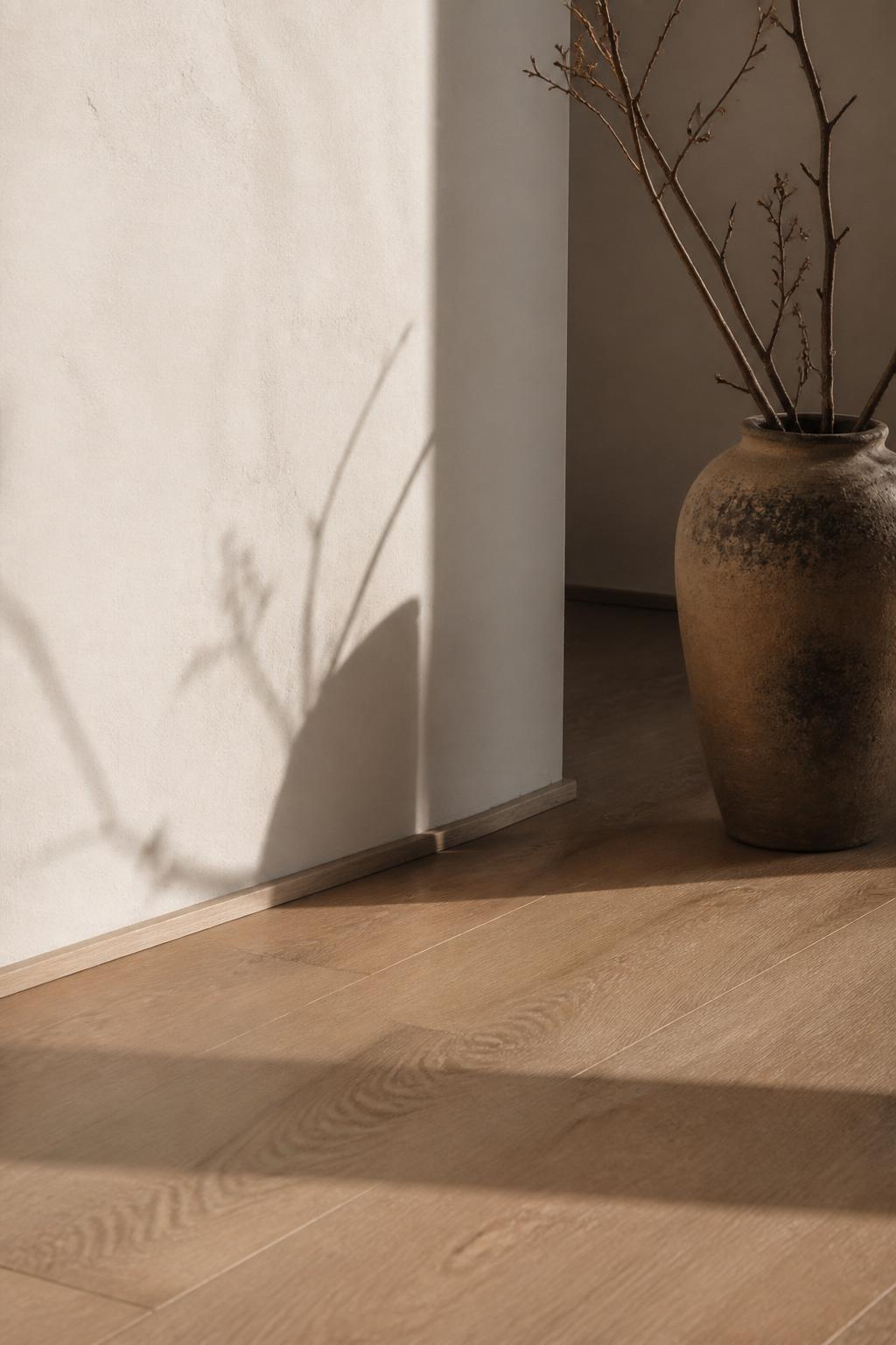 Architectural detail of a sunlit corner with plaster wall and oak floor
