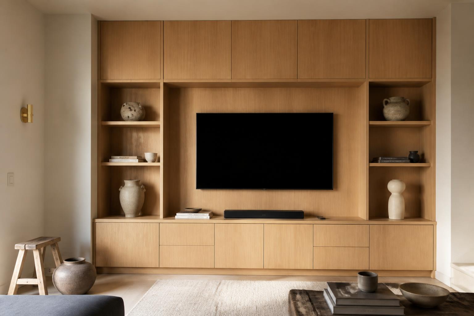 Custom floor-to-ceiling white oak media wall with integrated cabinetry and floating shelves