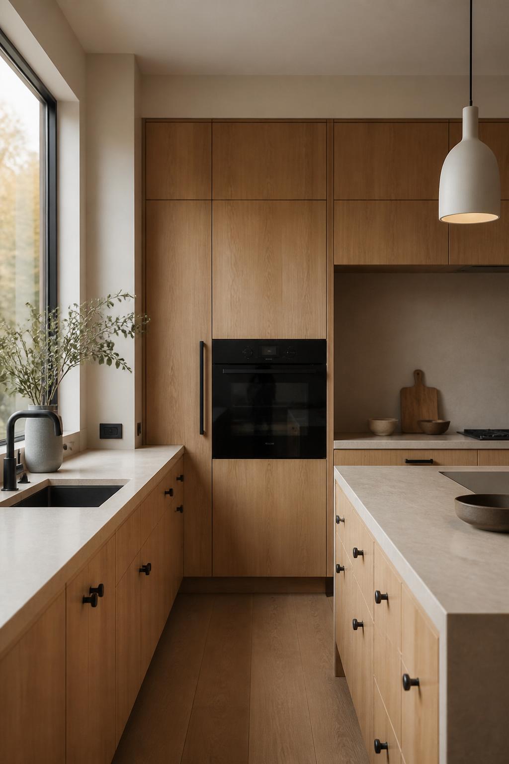 Warm minimalist kitchen with custom white oak cabinetry and honed limestone counters