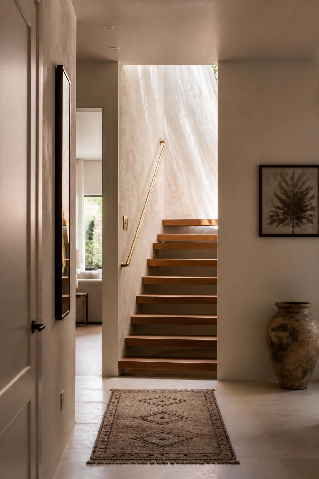 Quiet entryway with a floating walnut stair and brass handrail against plaster walls