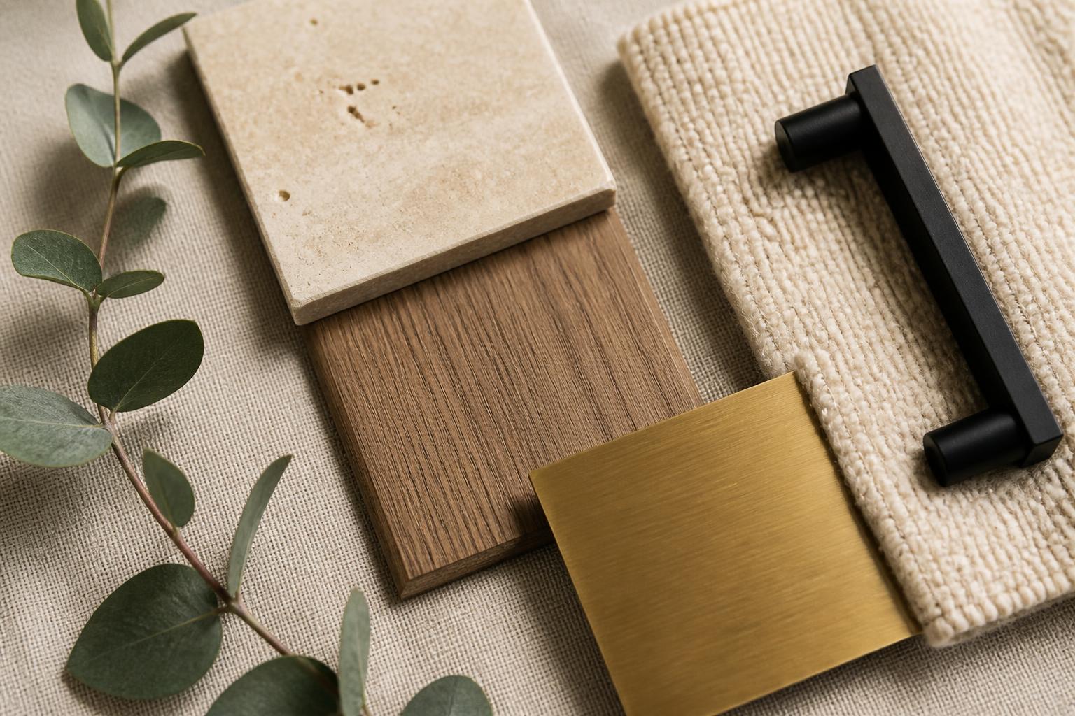 Flat-lay arrangement of travertine, oak, brushed brass, and woven fabric samples