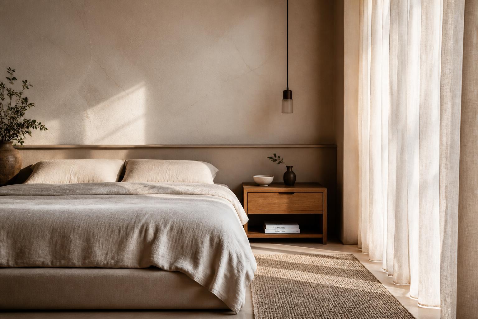 Serene bedroom with platform bed, linen bedding, and textured plaster wall